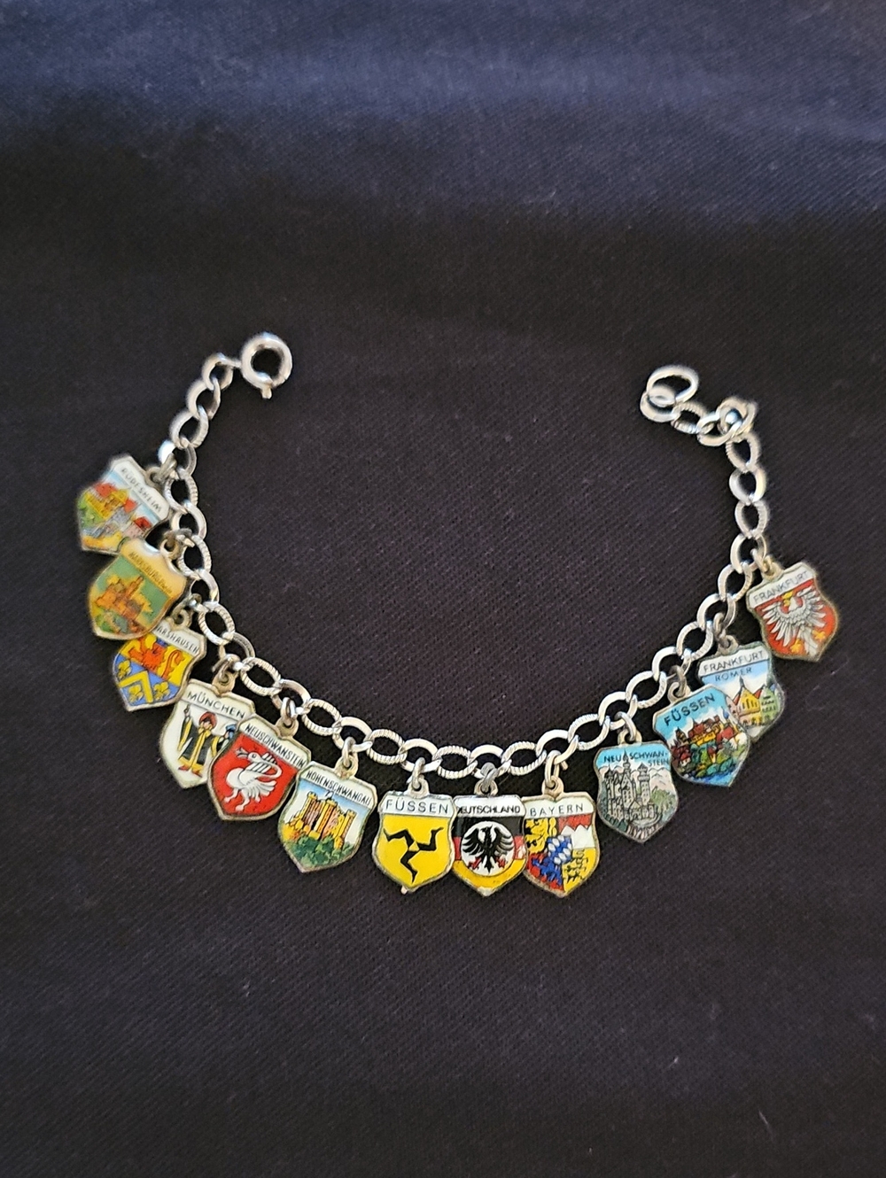 Vintage European Travel Shield Charm Bracelet